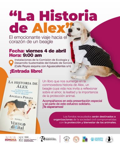Presentación a los medios del libro Perro vestido con un suéter, promocionando un evento sobre la historia de Alex.